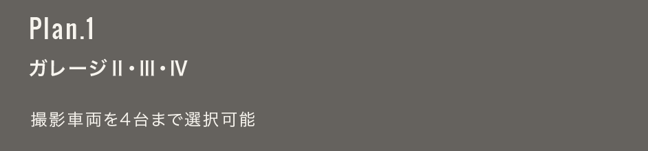 Plan.1 ガレージⅡ・Ⅲ・Ⅳ：撮影車両を4台まで選択可能